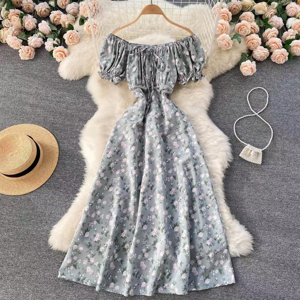 Damen Blumen Midikleid A-Linie Kurzarm Kleider Sommer Vintage Strand Schulterfrei Polka Dot Sommerkleid