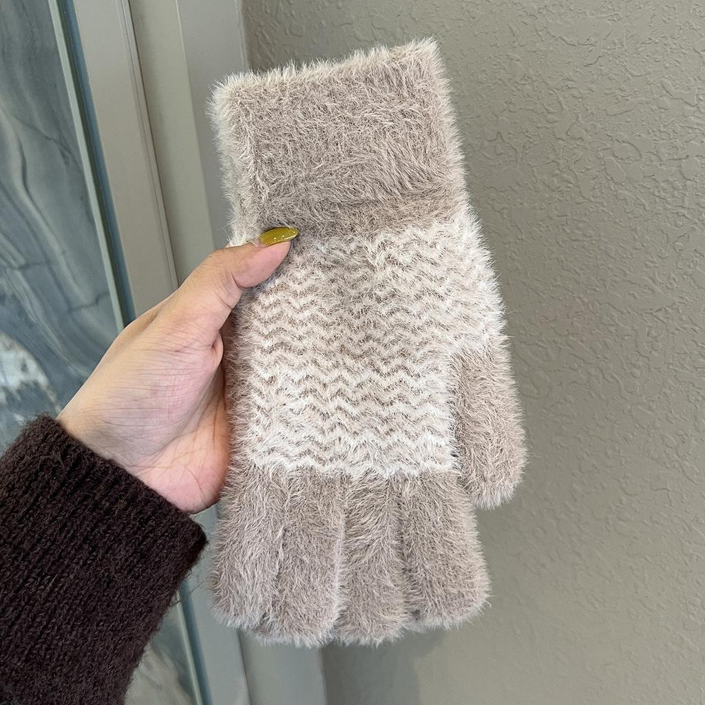 Einfache gestreifte Strickplüschhandschuhe im koreanischen Stil für Damen im Winter Kältefest und warm Vielseitig Outdoor-Radfahren Fingerlos, Touchscreen