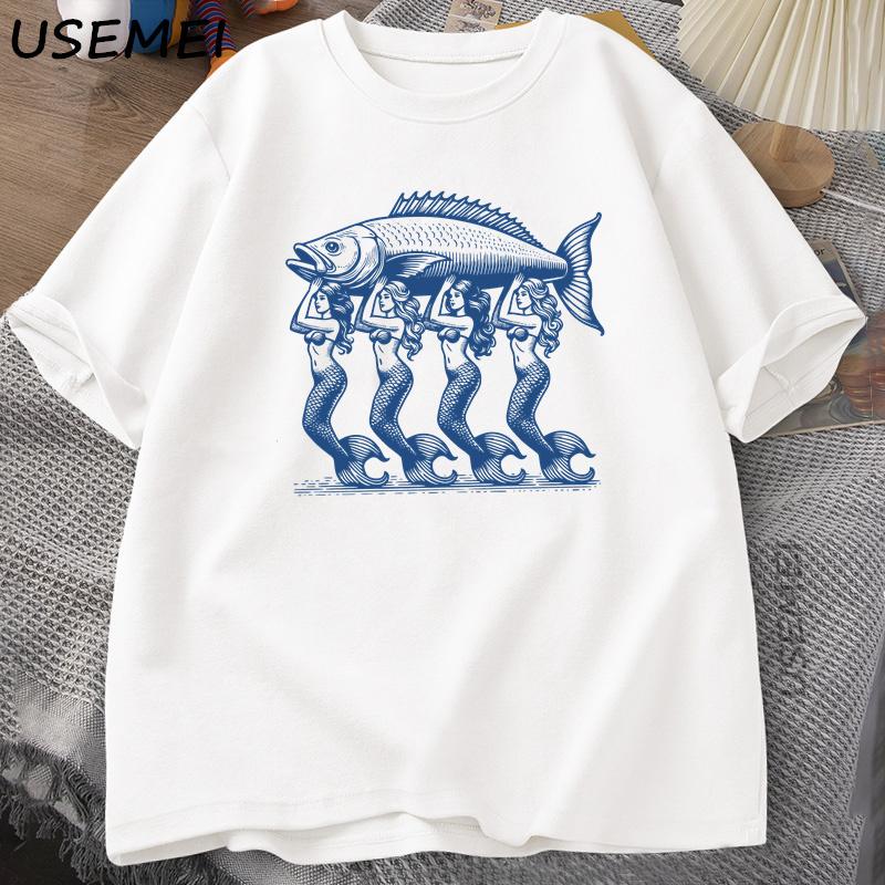 Mermaid Fish TShirt Trendy Beach T Shirt Summer Vacation Tshirt Shortsleeve Printed Cotton Graphic Tees Womens Top Clothes