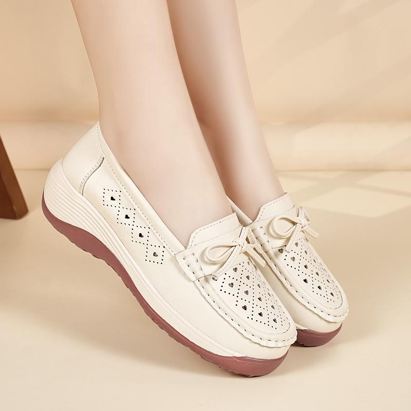 Women Platform Loafers Grey Summer Hollow Casual Elegant Leather Shoes Thick Sole Height Increase Shoes
