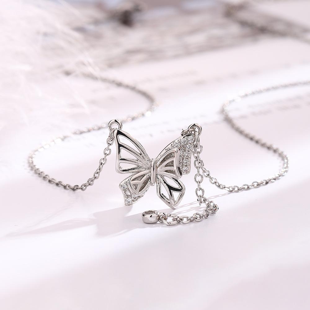 Butterfly Love Dream Necklace Femininity Cold Sense Valentine'S Day Gift Round Diamond Tassel Hollow Butterfly Zircon Clavicle Chain