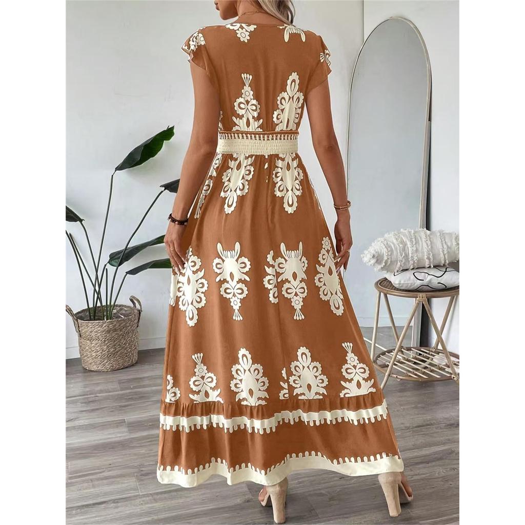 Women's Summer Ruffled Sleeves V-neck Waist-hugging Long Dress