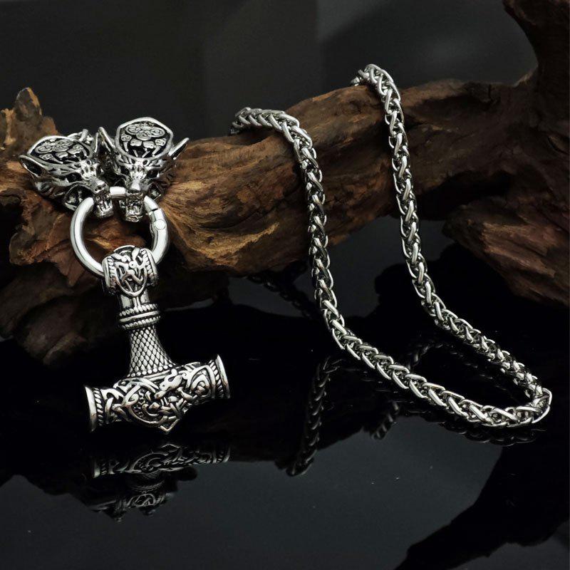 Pendentif marteau viking nordique avec tête de loup et collier runique griffe d'ours - Bijou amulette punk pour homme