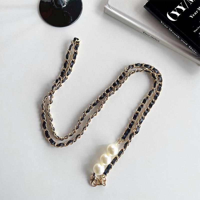 Light Luxury Pearl Leather Rope Electroplated Metal Mobile Phone Lanyard Messenger Chain Neck Decoration Diy Accessories Advanced Sense