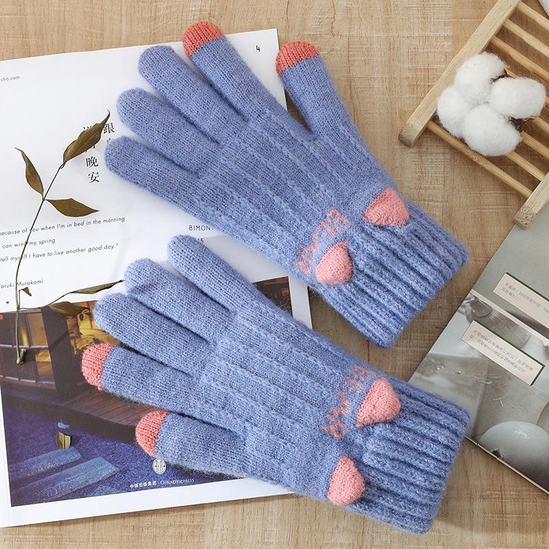 Korean Cat's Ears Cute Knitted Gloves Women Thickened Warm Touch Screen All Finger Gloves Soft Skin Friendly Splice Color Gloves