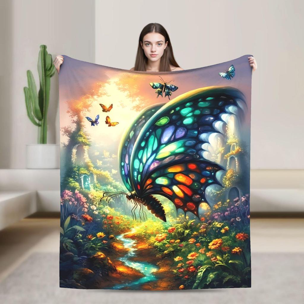 Bright Butterfly and Flower Patterns Flannel Printed Blanket Suitable for All Seasons Suitable for Living Office Sofa and Travel