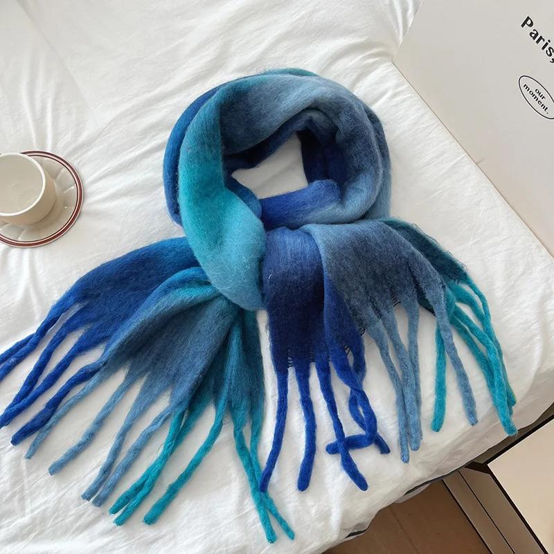 New Fashion Design Muffler Female Fairy Powder Gradual Change Tassel Mohair Scarf Women Winter Thermal Imitation Cashmere Scarf