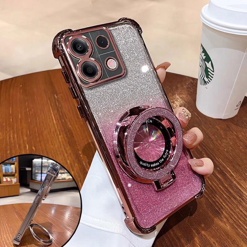 

13pro 13C 12 Чехол Роскошный Магнитный Кронштейн Противоударный Чехол Для Xiaomi Redmi Note 13 pro 12 10 10c Чехол с Держателем Блестящий Блеск Redmi note13 pro&Case & Holder розовый