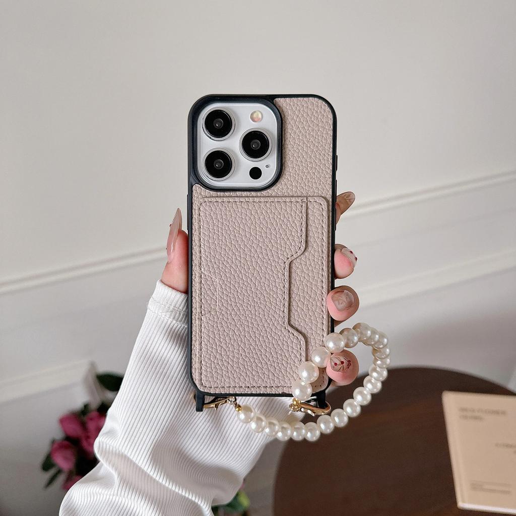 Skórzany Pasek na Nadgarstek z Koralikami z Etui na Telefon z Uchwytem na Karty dla IPhone 15 14 13 12 11 Pro Max 15 14 Plus Ochronne Wstrząsoodporne Etui