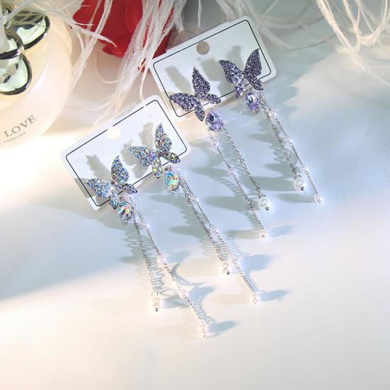 1 Pair Shining Rhinestones Chain Tassel Lady Earrings Vivid Butterflies Imitation Pearls