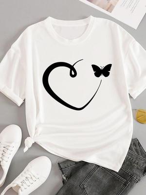 (Asian Size) T-shirts Fashion O-neck Female Casual Women's Top T Clothing Love Heart Printing Print Short Sleeve Graphic Tee