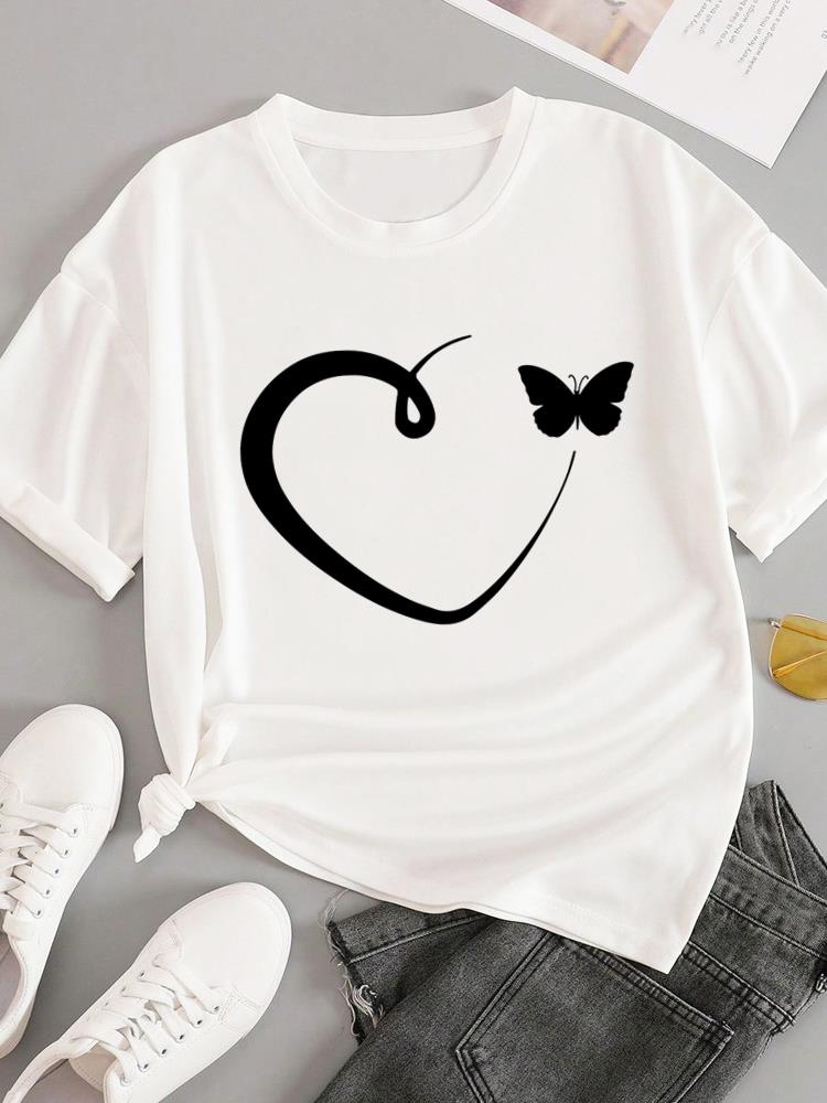 (Asian Size) T-shirts Fashion O-neck Female Casual Women's Top T Clothing Sweet Love Style 90s  Print Short Sleeve Graphic Tee