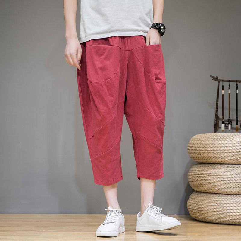 Sommer Locker Dünn Chinesischer Stil Leinen Herren Weitbein Lässig Harlan Baumwolle und Leinen Cropped Hose