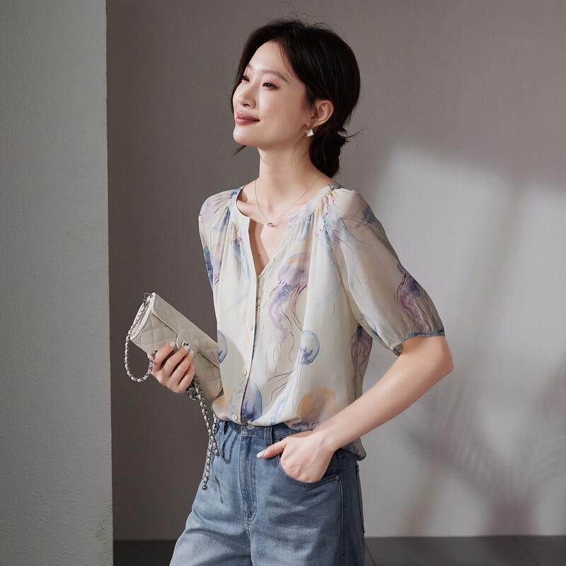 SOFSIL Women s 2026 Summer Print Silk V-neck Short-Sleeve Blouse M