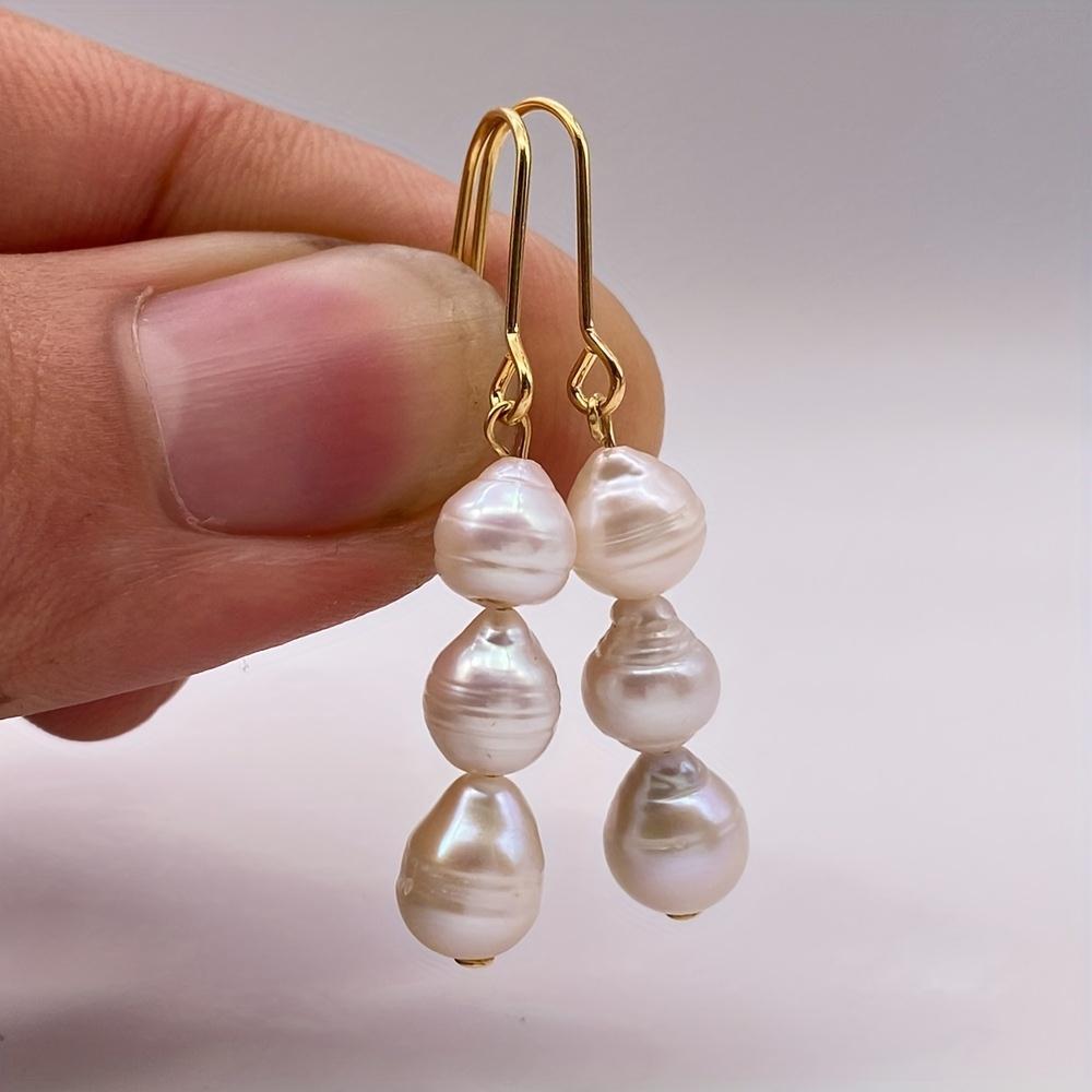 New Fashionable Baroque Freshwater Pearl Earrings. Simple, Elegant And Versatile Long Three-bead Earrings.