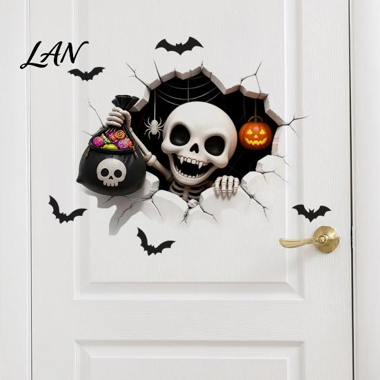 Black Cat Wall Stickers Halloween Stickers, 3D Broken Effect with Ghost Skeleton Pumpkin Bat Decals, Self-Adhesive Temporary Decorations Waterproof