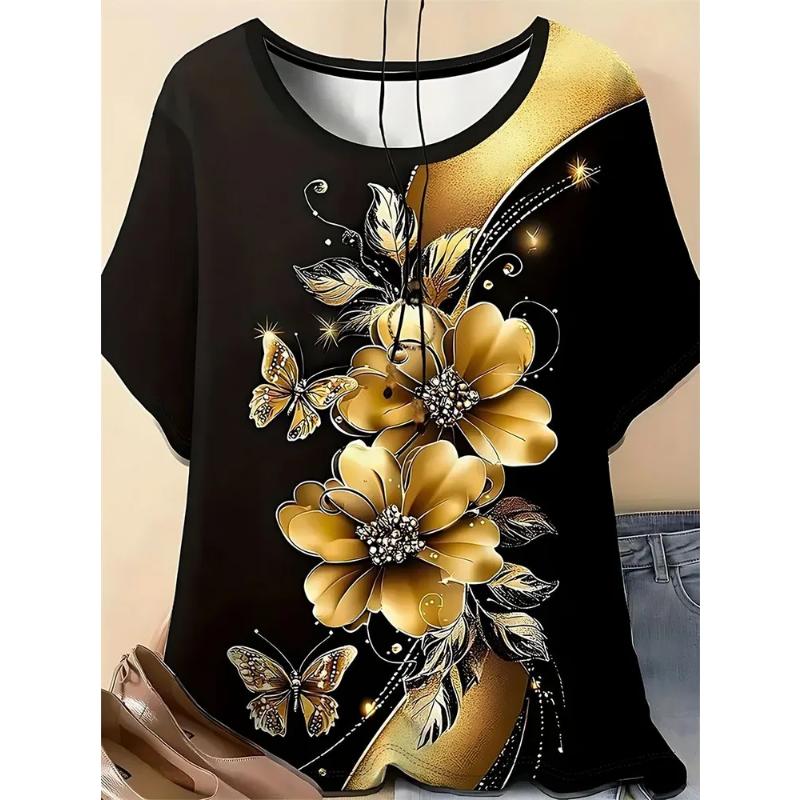 Fashion Women's Crew Neck T-Shirt 3D Flower Color Printing Flower Short Sleeve Comfortable Short Sleeve