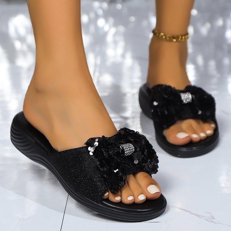 Sequin Bow Flat Bottom Slippers One-Character Casual Large Size Fashion Rhinestone Fish Mouth Slippers