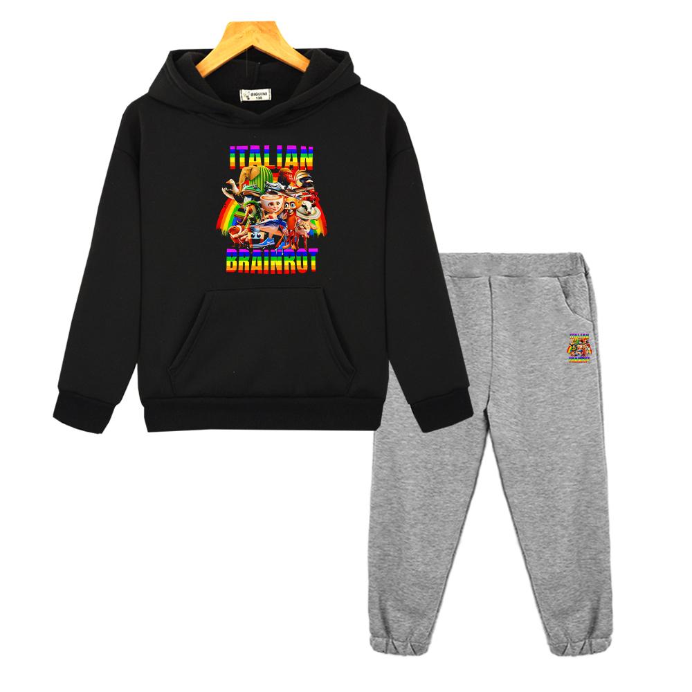 Italian Brainrot Autumn Anime hoodie Fleece Sweatshirt Jacket 2pcs pullover+Pants boys girls Hooded Sets kids boutique clothes