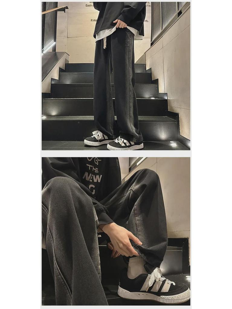Męskie jesienno-zimowe koreańskie luźne jeansy casual z szerokimi nogawkami