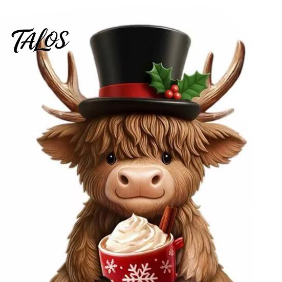 Unique Holiday Home Soft Furnishings 2Pcs Christmas Highland Cow Figurines, Resin Santa Reindeer Cow, with Hat, Detailed Animal Craft Hot Cocoa, Decor