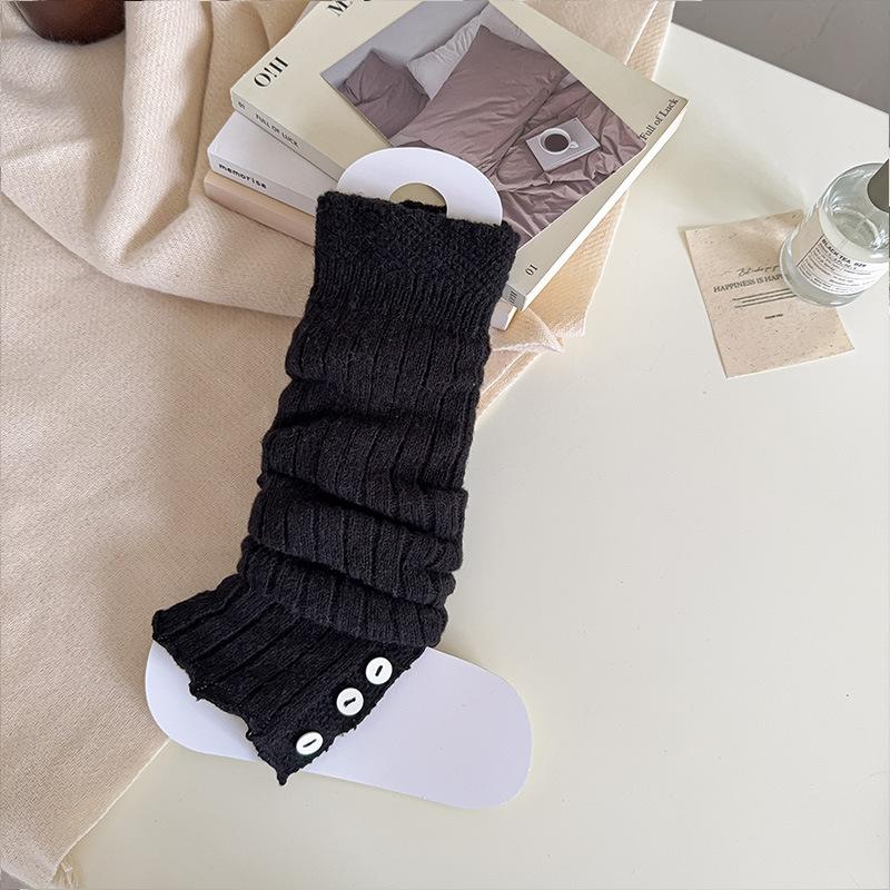 Female Autumn New Solid Color All Match Knit Show Thin Button Step Foot Pile Socks