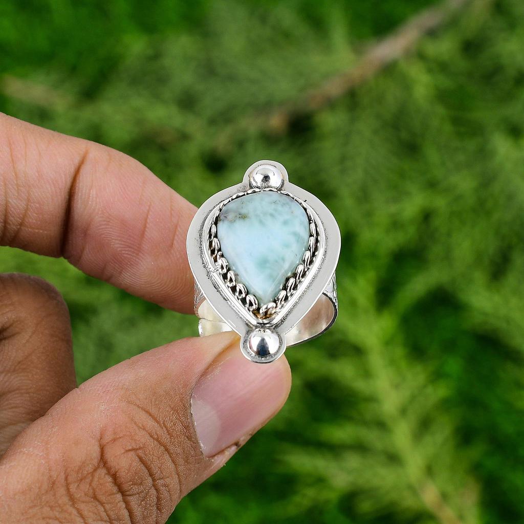 Larimar Stone Mother Bezel Throat Chakra Engagement New Ring Jewelry 925 Silver