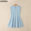 VONDA Elegant Women Casual Round Neck Sleeveless Solid Color Ruffled A-line Dress