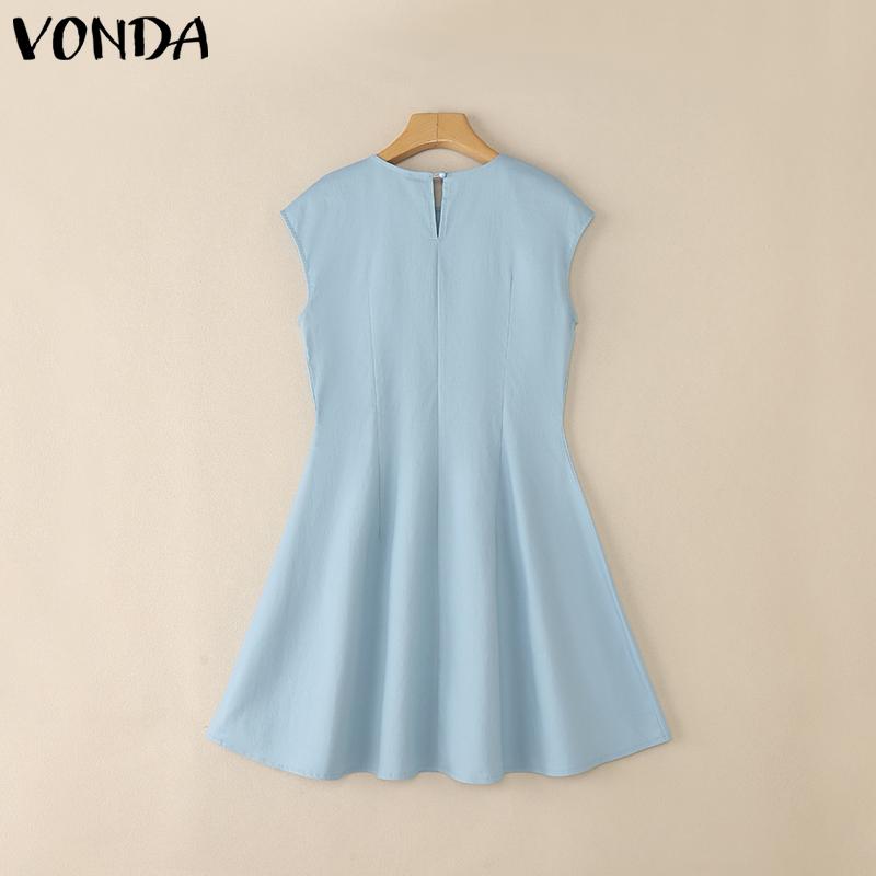 VONDA Elegant Women Casual Round Neck Sleeveless Solid Color Ruffled A-line Dress