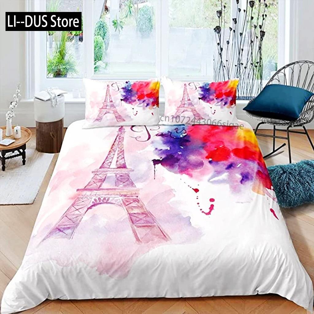 Paris Duvet Cover Set Polyester Paris Theme White Pink Stripe World-Famous Architecture Creativity Double Queen King Quilt Cover