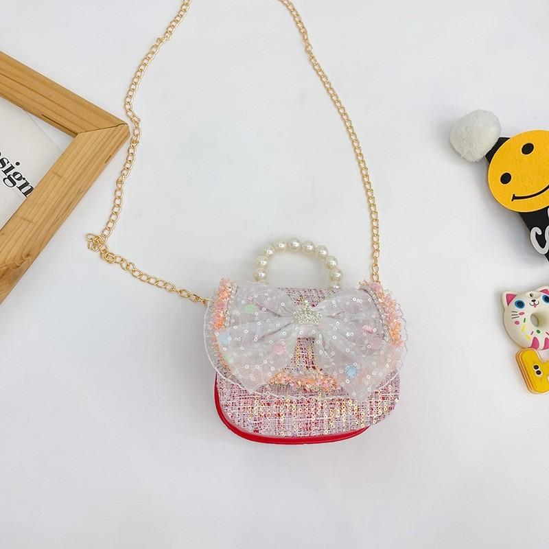 Childrens Canvas Bag With Artificial Pearl Handle And Butterfly Cartoon Pattern For Daily Use