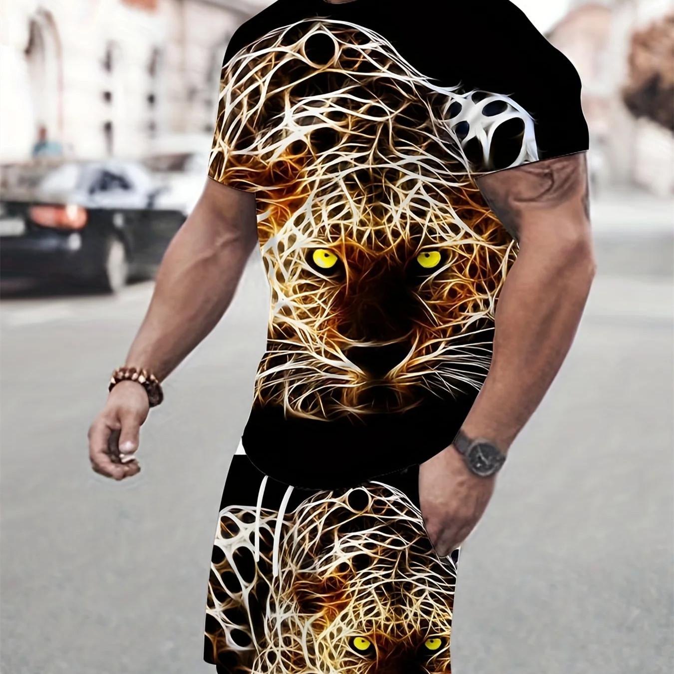

Мужская футболка и шорты больших размеров с 3D принтом львиного черепа, мужская спортивная одежда для фитнеса на открытом воздухе, мужская одежда 6XL