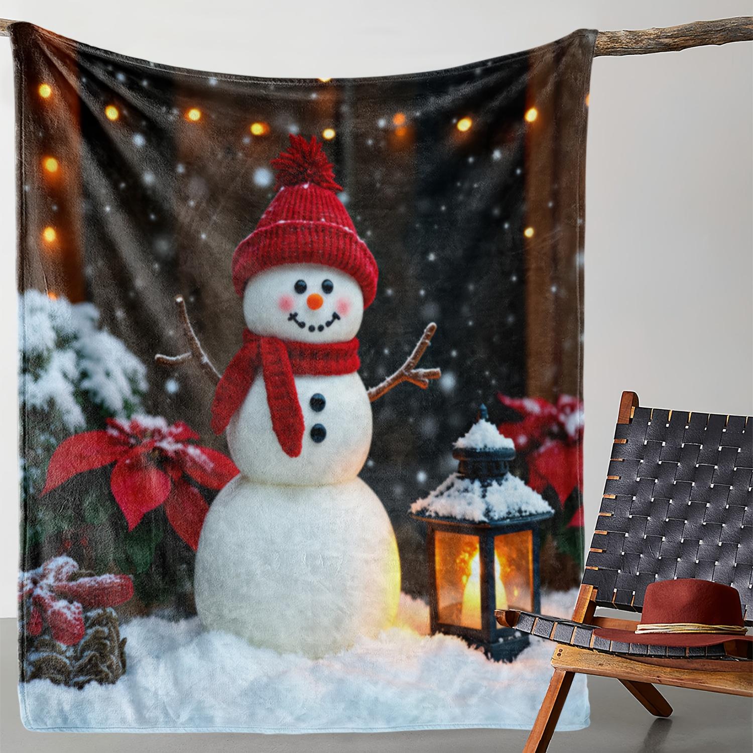 1pc Sdoo Cozy Snowman Flannel Blanket - Soft Warm Winter Throw with Festive Snowman & Poinsettia Print, Red Hat & Scarf Design, 75x90cm