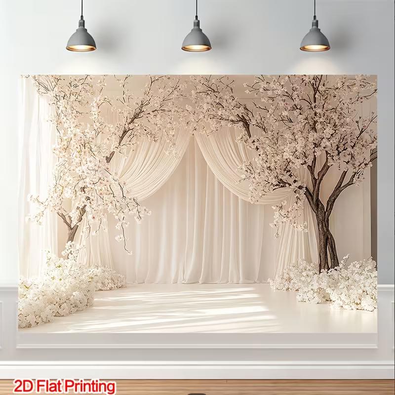 2D Romantic Floral Arch with Sheer Drapes Backdrop Photography Background Banner