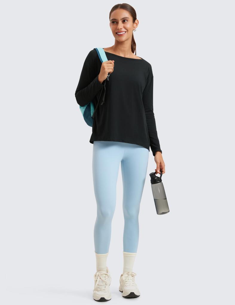 CRZ YOGA Long Sleeve Pima Cotton with Boat Loose Casual Yoga Size Women's T-Shirt Neck, Basic, Fit, Top, Black, M, Spring/Autumn