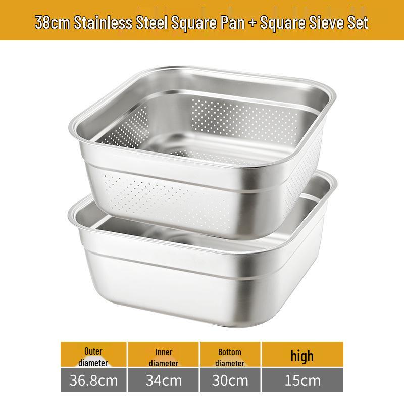 Large 304 Stainless Steel Colander with Lid - Square Vegetable Washing and Oil Draining Basin