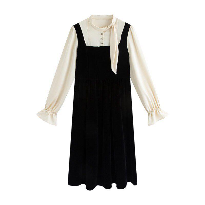 

Julu Studio Shadow Catcher Slightly Oversized Girls Gold Sense Patchwork Velvet Black Dress Plus Size Dress Pure Black Mid-Length M