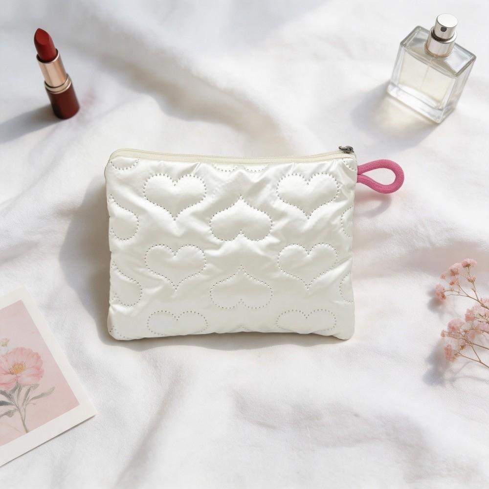 New Multi-function Cosmetic Pouch Bow Decoration Embossed Heart Quilted Makeup Bag Satin Material Toiletry Storage Pouch Girls