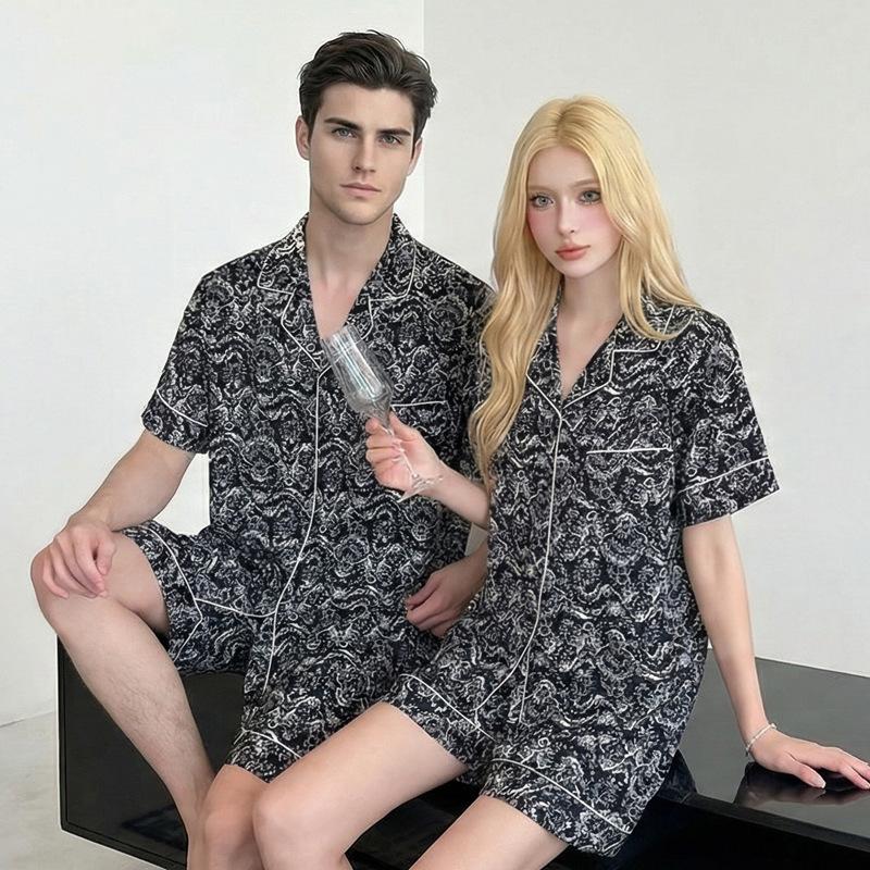 Couple pajamas women's summer ice silk short sleeves 1011 new large size men's simulated silk loungewear set