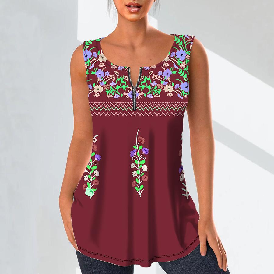 Women's Fashion V Neck Shirts Casual Tops T-shirt Ladies 3D Red Flowers Print Vest Plus Size Sleeveless Blouse Tank Tops
