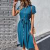 Summer Women's Dress Solid Color Lace Up Turn Down Collar Single Breasted Split Design