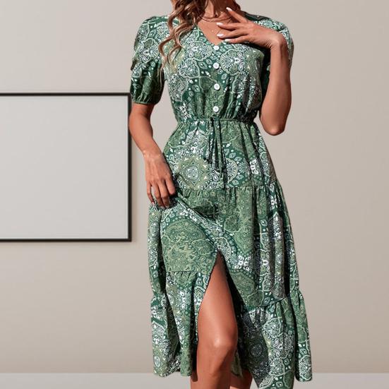 

Женское летнее платье с принтом, V-образным вырезом и короткими рукавами, лоскутное платье трапециевидной формы, свободный подол, плиссированное, на шнуровке, с высокой талией, на пуговицах, с разрезом подол, пляжное платье-миди для отдыха