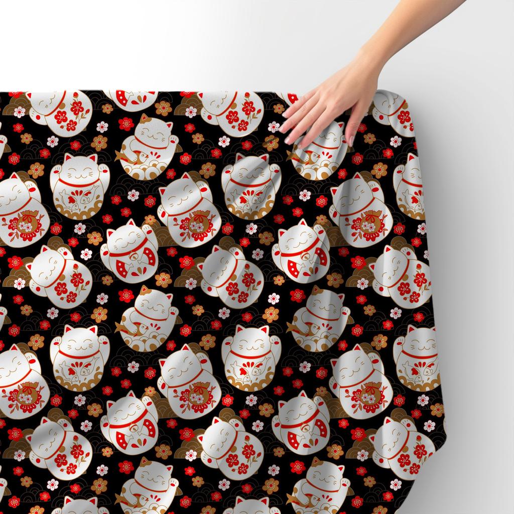 Royal Samt Stoff Polyester Zum Nähen - Motiv Maneki Neko Glückskatze