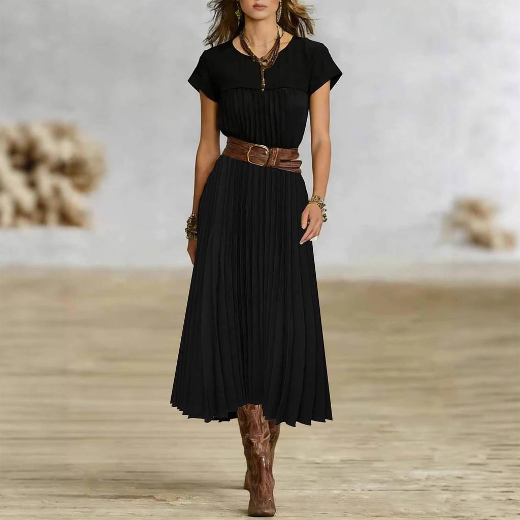 Women's Fashionable Color Round Neck Short Sleeved Pocket Pleated Loose Dress