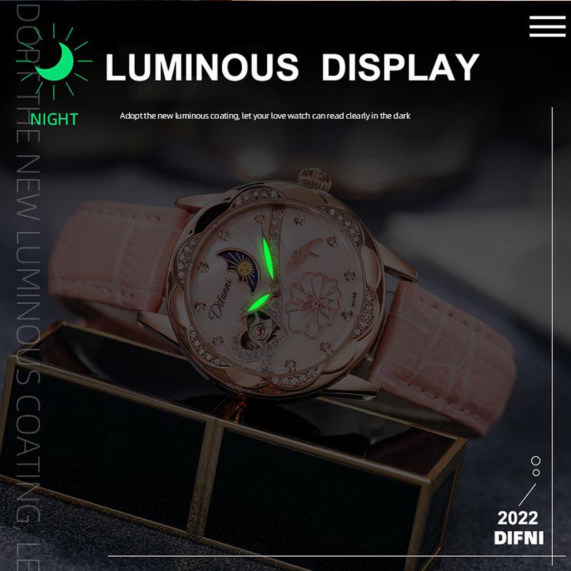 Watches Women Fashion Watch Automatic Mechanical Rhinestone Skeleton Dial Premium Leather Band Elegant Lady Watch New