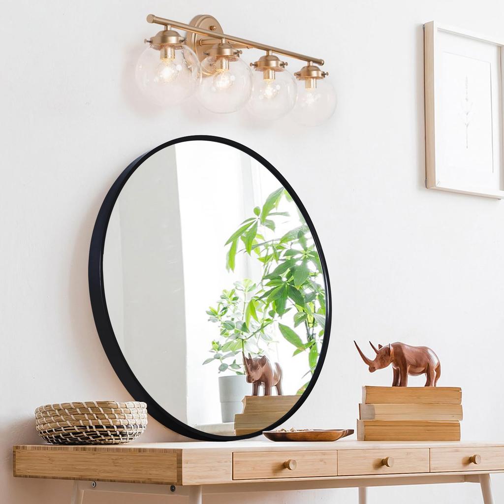 Round Wall Mirror, Bathroom Mirror, Aluminum Frame, Vanity Mirror, Entryway, Bathroom, Toilet (Black, 40cm Diameter)