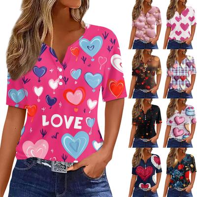 T-shirt pour femme T-shirt Imprimé Saint-Valentin Bouton Manches Courtes Tunique Mode Quotidienne Week-end Basique Col en V Coupe Régulière