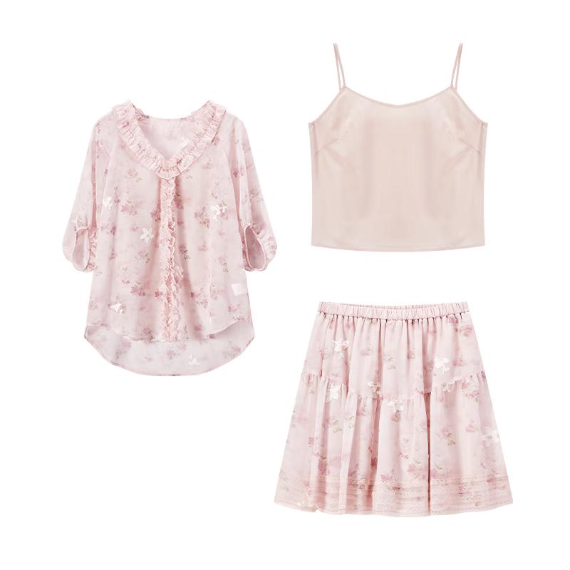 Women s Pink Floral Bubble Sleeve Two-Piece Set L