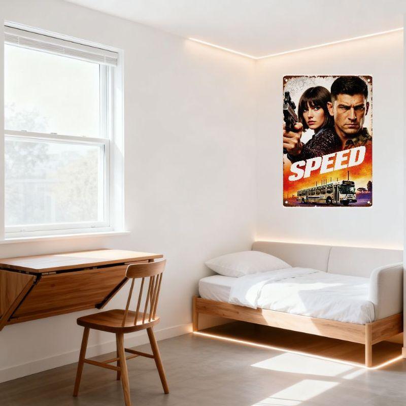 SPEED Film Metal Tin Sign, Vintage Movie Poster Wall Decor with Two Characters & City Bus, Retro Iron Plaque for Home Man Cave B