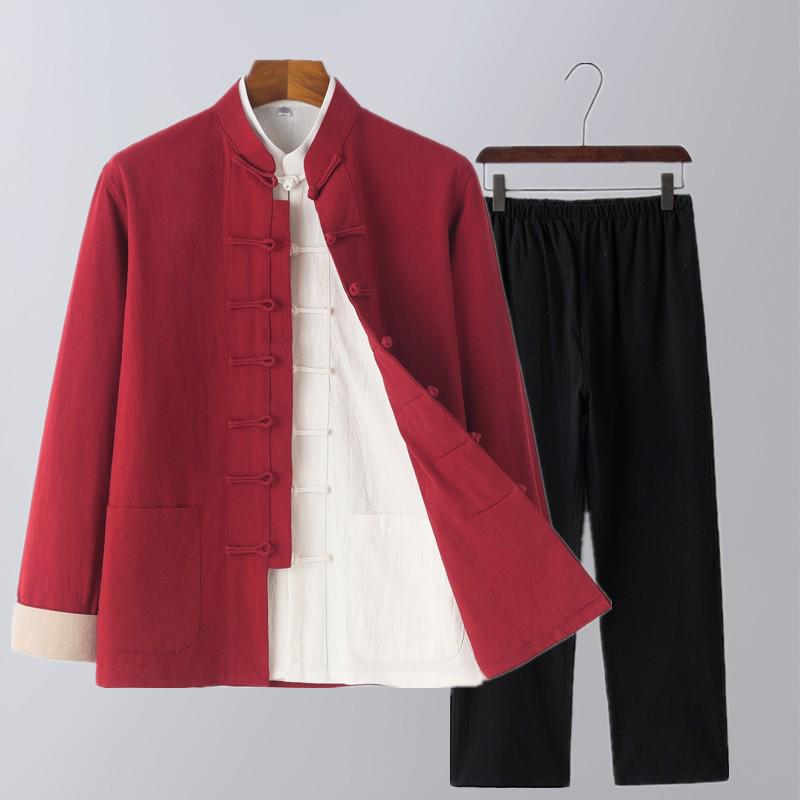 Herren Chinesischer Tang-Anzug: Frühlings-/Herbst-Baumwoll-Leinen-Set mit Froschknöpfen - Retro Mönch Teezeremonie Hanfu Robe.